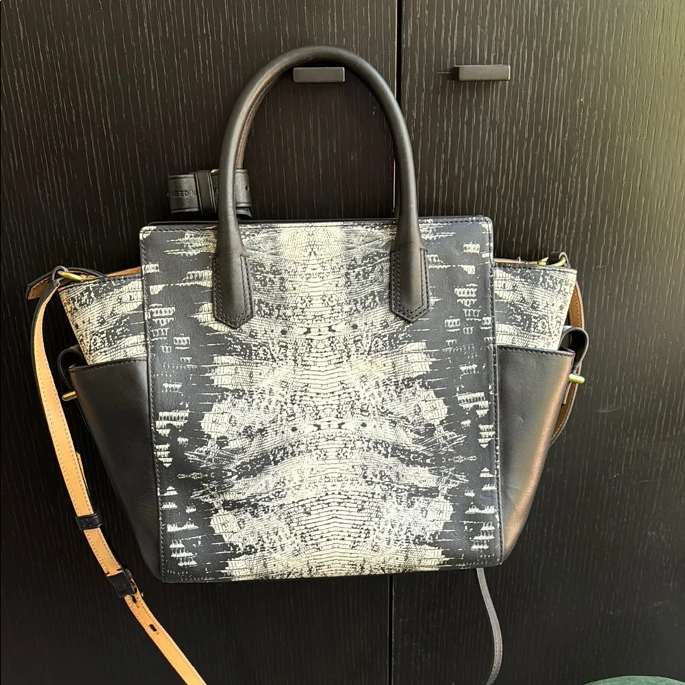 NEW W/ TAGS Reed Krakoff Mini Atlantique Leather Satchel Bag, Black White Lizard
